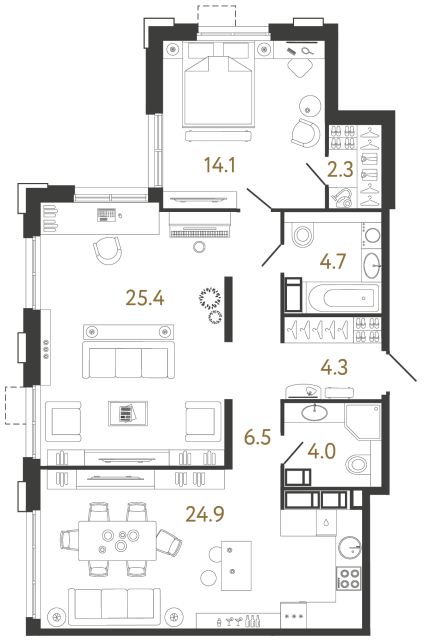 Двухкомнатная квартира №712 в ЖК Струны 2 оч. - 86.2 м²