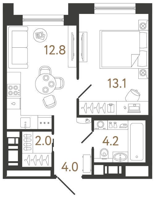 Однокомнатная квартира №263 в ЖК Передвижники 2 - 36.1 м²