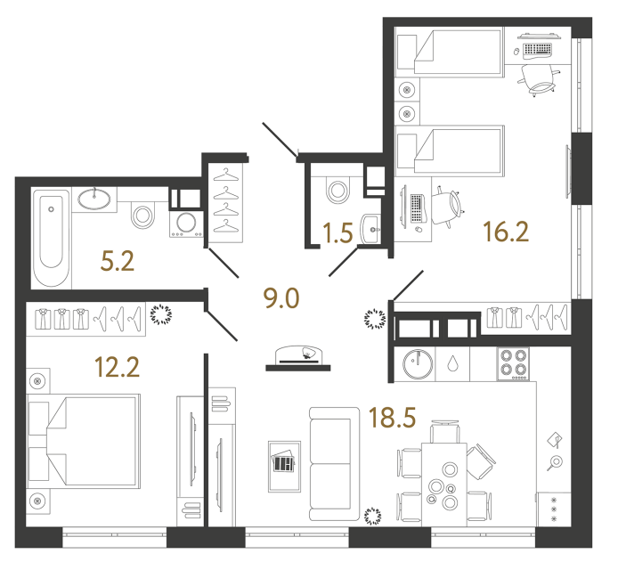 Двухкомнатная квартира №227 в ЖК Струны - 62.6 м²