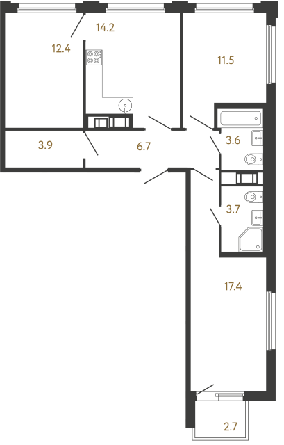 Трёхкомнатная квартира №690 в ЖК Гений - 73.4 м²  - №2
