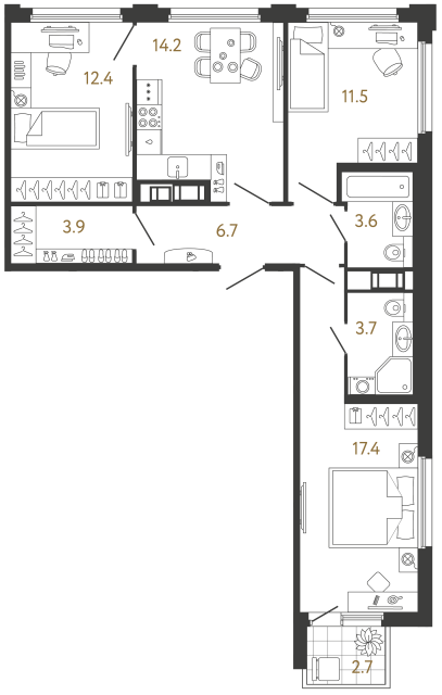 Трёхкомнатная квартира №714 в ЖК Гений - 73.4 м²