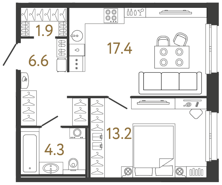 Однокомнатная квартира №195 в ЖК Передвижники - 43.4 м²