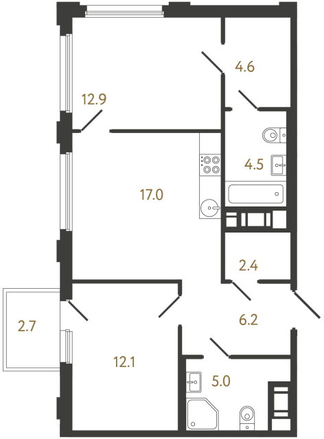 Двухкомнатная квартира №829 в ЖК Гений - 64.7 м²  - №2