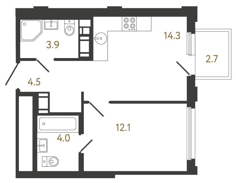 Однокомнатная квартира №377 в ЖК Гений - 38.8 м²  - №2