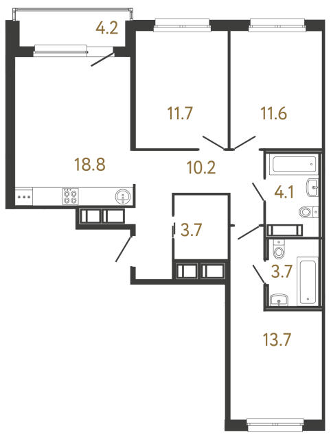 Трёхкомнатная квартира №179 в ЖК Передвижники - 77.5 м²  - №2