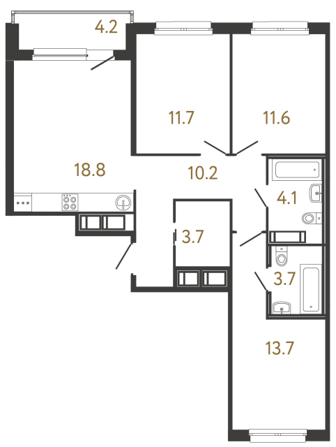 Трёхкомнатная квартира №167 в ЖК Передвижники - 77.5 м²  - №2