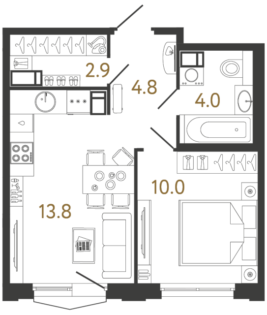 Однокомнатная квартира №800 в ЖК Струны 2 оч. - 35.5 м²