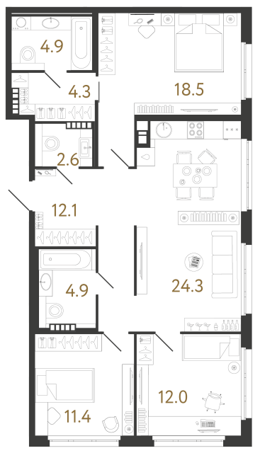 Трёхкомнатная квартира №126 в ЖК Визионер - 95 м²