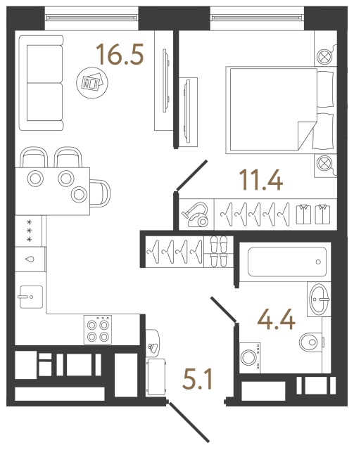 Однокомнатная квартира №300 в ЖК Передвижники 2 - 37.4 м²