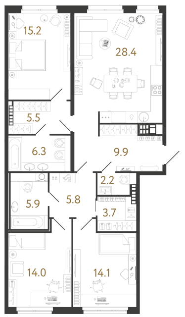 Трёхкомнатная квартира №134 в ЖК Визионер - 111 м²