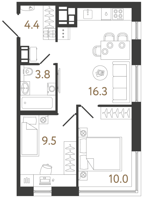 Двухкомнатная квартира №393 в ЖК Передвижники 2 - 44 м²