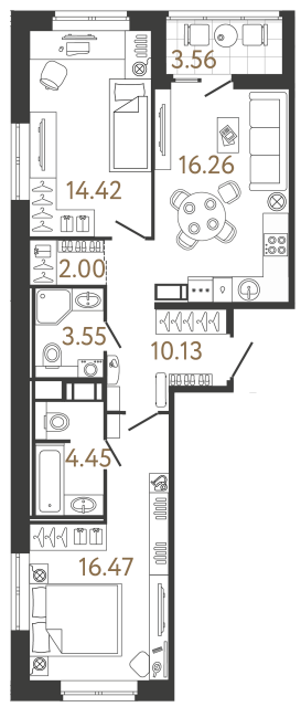 Двухкомнатная квартира №714 в ЖК Ultra City 3 - 65.28 м²