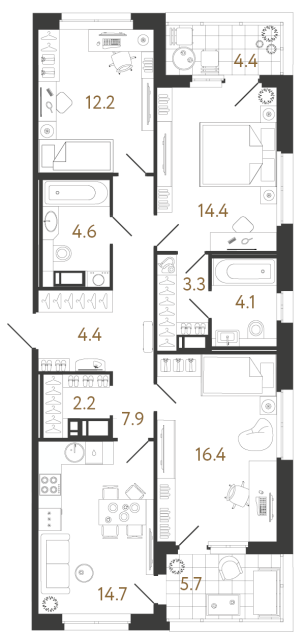 Трёхкомнатная квартира №182 в ЖК Литера - 84.2 м²