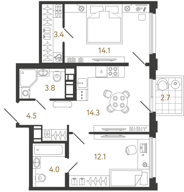 Двухкомнатная квартира №249 в ЖК Гений - 56.2 м²