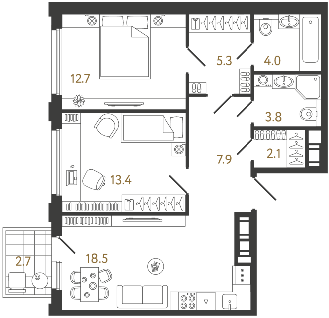 Двухкомнатная квартира №937 в ЖК Гений - 67.7 м²