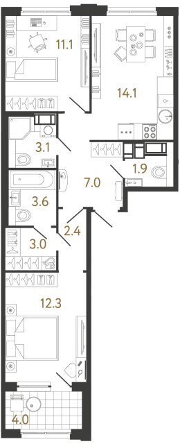 Двухкомнатная квартира №801 в ЖК Струны 2 оч. - 58.5 м²