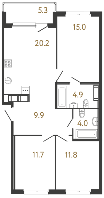 Трёхкомнатная квартира №140 в ЖК Передвижники - 77.5 м²  - №2