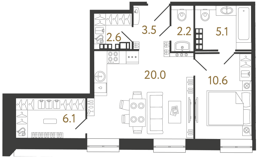 Двухкомнатные апартаменты №111 в ЖК Светоч - 50.1 м²