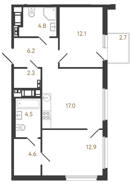 Двухкомнатная квартира №391 в ЖК Гений - 64.4 м²  - №2