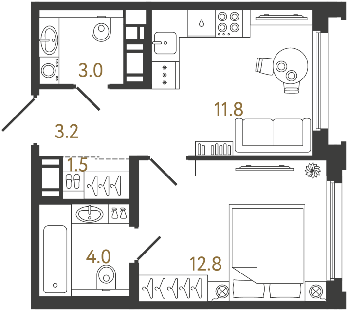 Однокомнатная квартира №853 в ЖК Гений - 36.3 м²