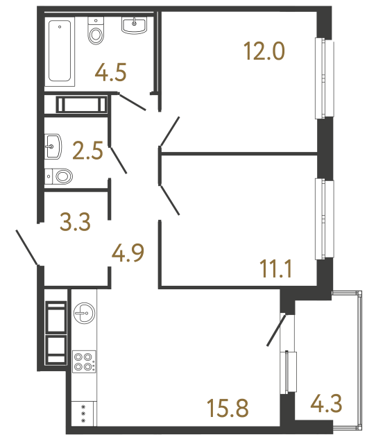 Двухкомнатная квартира №338 в ЖК Передвижники - 54.1 м²  - №2