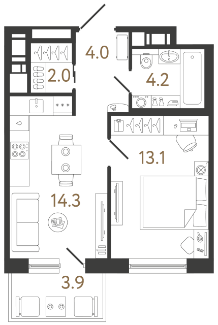 Однокомнатная квартира №64 в ЖК Передвижники 2 - 37.6 м²