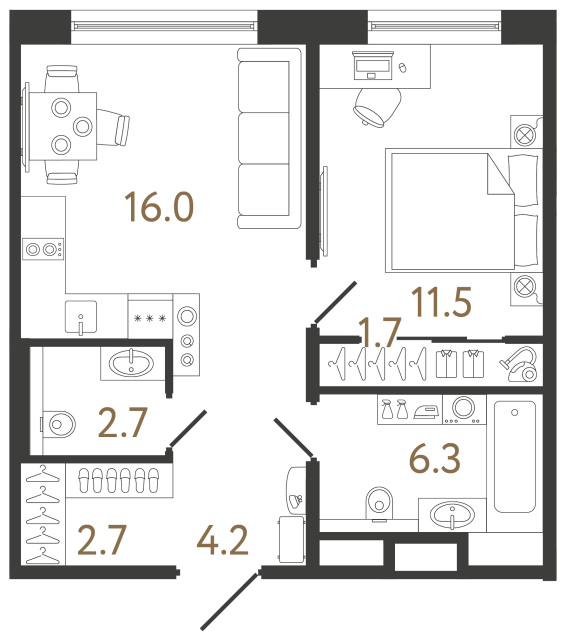 Однокомнатная квартира №152 в ЖК Передвижники 2 - 45.1 м²