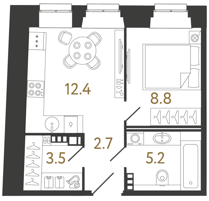 Однокомнатные апартаменты №28 в ЖК Светоч - 32.6 м²