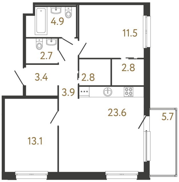Двухкомнатная квартира №2 в ЖК Передвижники - 68.7 м²  - №2