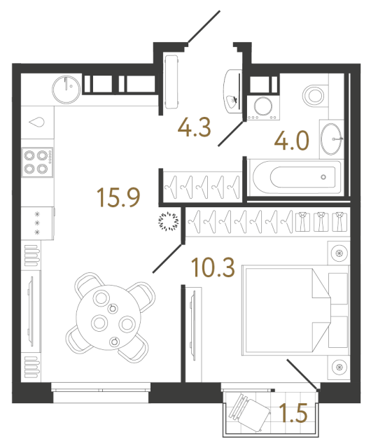 Однокомнатная квартира №887 в ЖК Струны 2 оч. - 34.5 м²