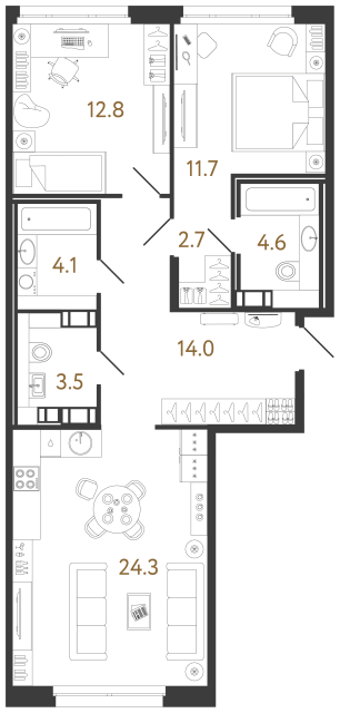 Двухкомнатная квартира №6 в ЖК Куинджи - 77.7 м²