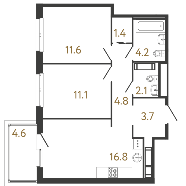 Двухкомнатная квартира №342 в ЖК Передвижники - 55.7 м²  - №2