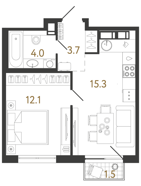 Однокомнатная квартира №256 в ЖК Струны - 35.1 м²