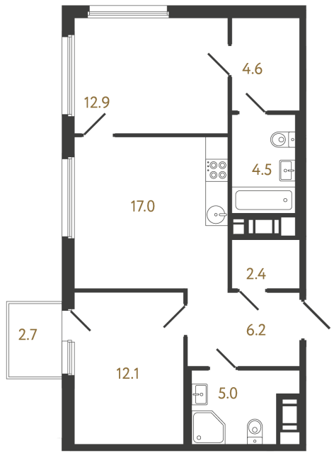 Двухкомнатная квартира №909 в ЖК Гений - 64.7 м²  - №2