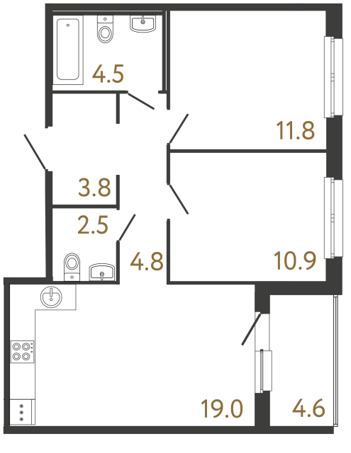 Двухкомнатная квартира №283 в ЖК Передвижники - 57.3 м²  - №2