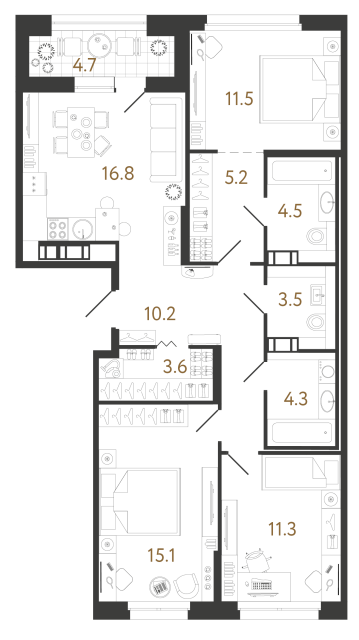 Трёхкомнатная квартира №106 в ЖК Куинджи - 86 м²