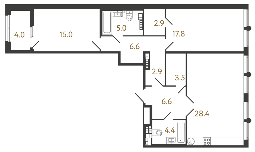 Двухкомнатная квартира №79 в ЖК Миръ - 93.1 м²  - №2