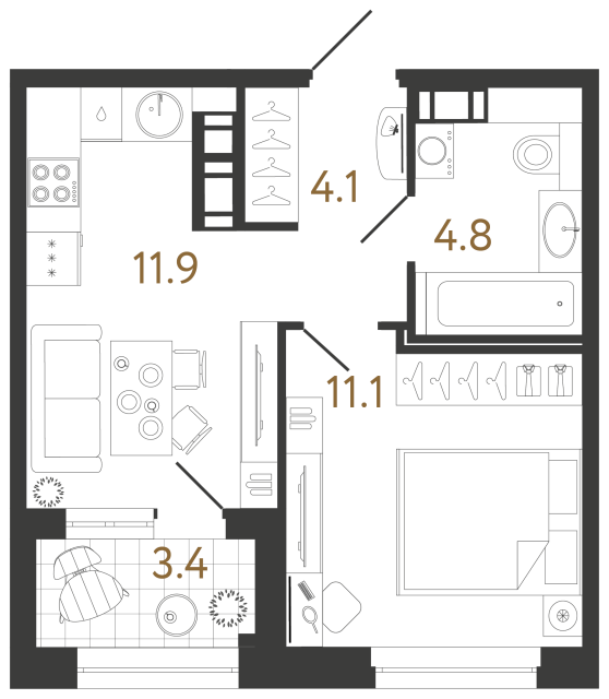 Однокомнатная квартира №323 в ЖК Куинджи - 31.9 м²