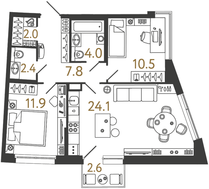 Двухкомнатная квартира №76 в ЖК Цвет Зеленогорска - 62.7 м²