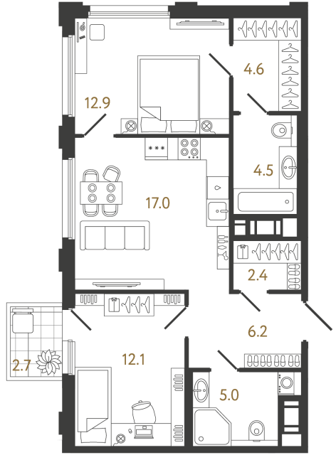 Двухкомнатная квартира №885 в ЖК Гений - 64.7 м²