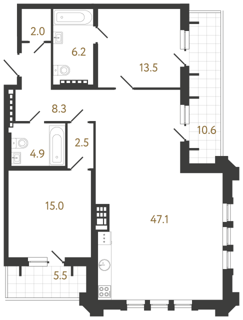 Двухкомнатная квартира №66 в ЖК Коллекционер - 99.5 м²  - №2
