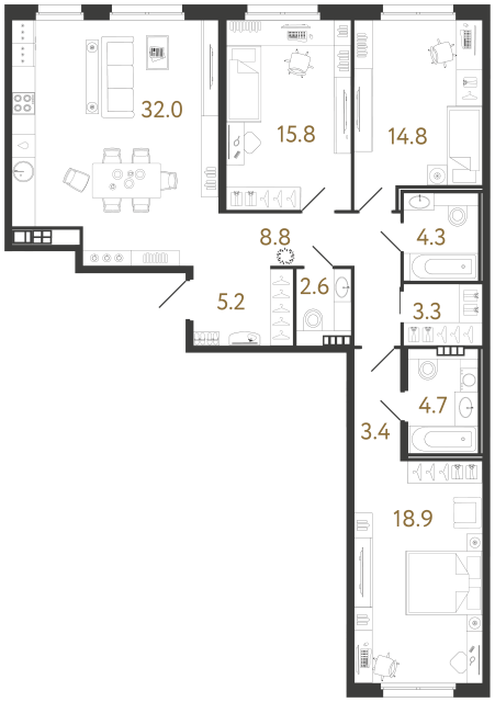 Трёхкомнатная квартира №77 в ЖК Визионер - 113.8 м²