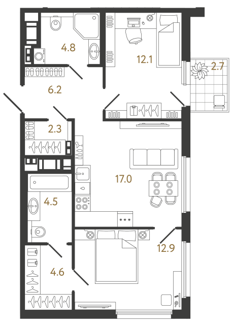 Двухкомнатная квартира №387 в ЖК Гений - 64.4 м²