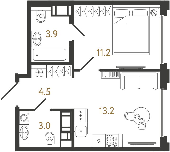 Однокомнатная квартира №832 в ЖК Гений - 35.8 м²
