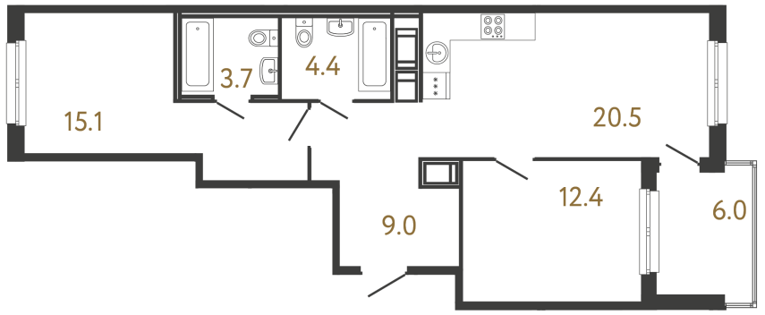 Двухкомнатная квартира №343 в ЖК Передвижники - 65.1 м²  - №2