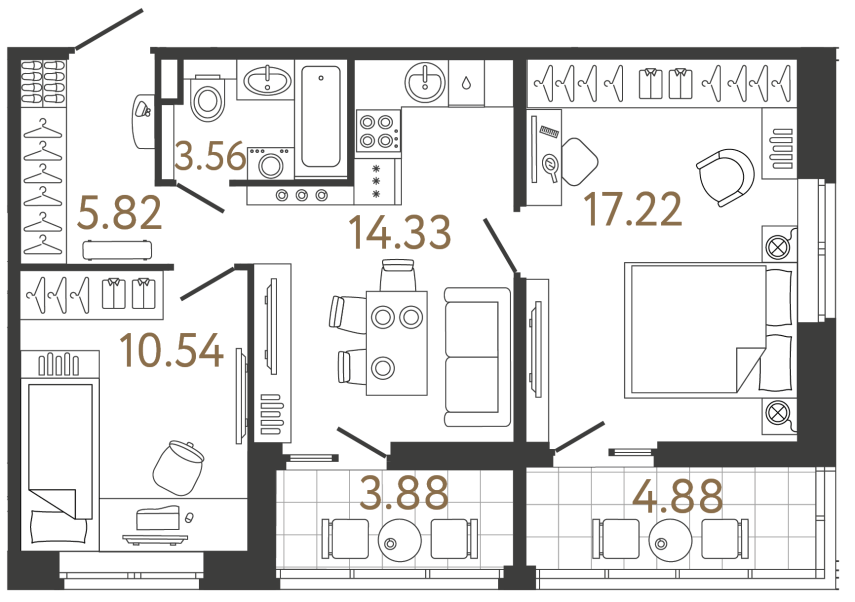 Двухкомнатная квартира №632 в ЖК Ultra City 3 - 51.47 м²
