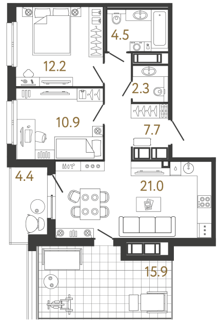 Двухкомнатная квартира №141 в ЖК Передвижники - 58.6 м²
