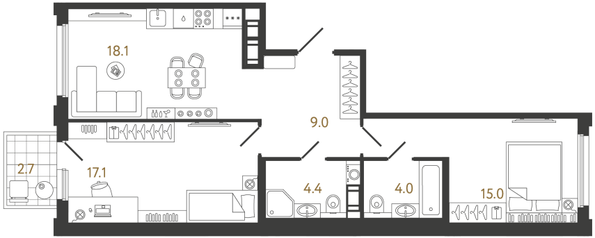 Двухкомнатная квартира №836 в ЖК Гений - 67.6 м²