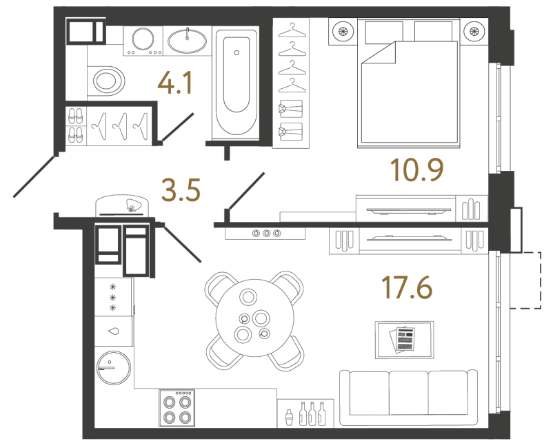 Однокомнатная квартира №636 в ЖК Струны 2 оч. - 36.1 м²