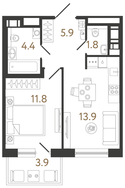 Однокомнатная квартира №247 в ЖК Передвижники 2 - 37.8 м²